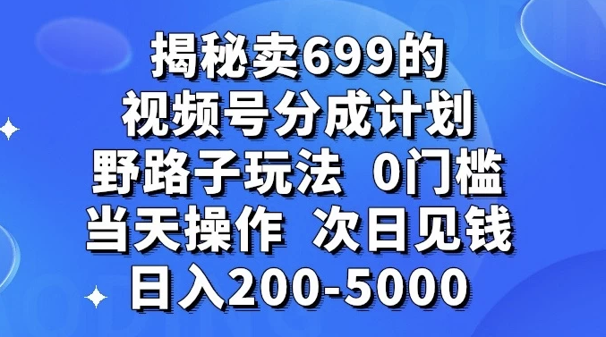 零门槛野路子玩法揭秘：卖699的短视频号分成计划，当天操作，次日即可赚取200-5000元
